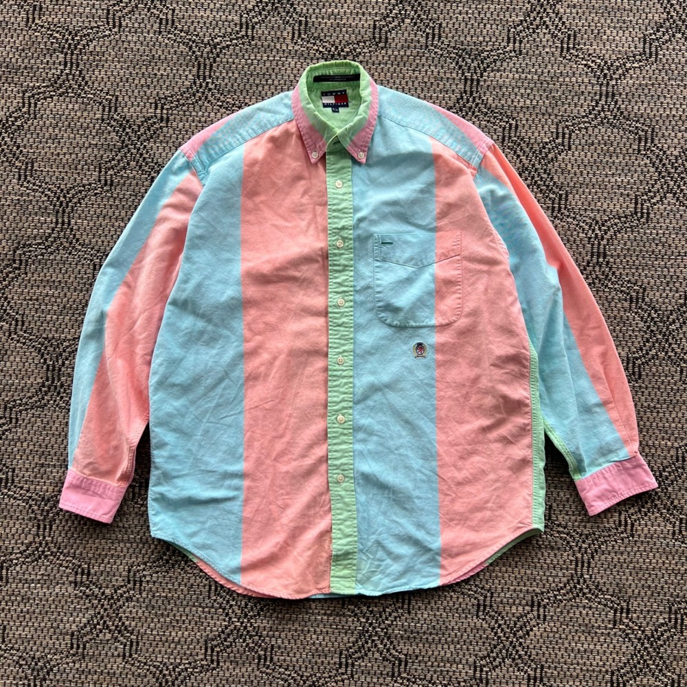 Vintage Tommy Hilfiger Shirt Mens Small Pink Blue Striped Oxford Button Preppy